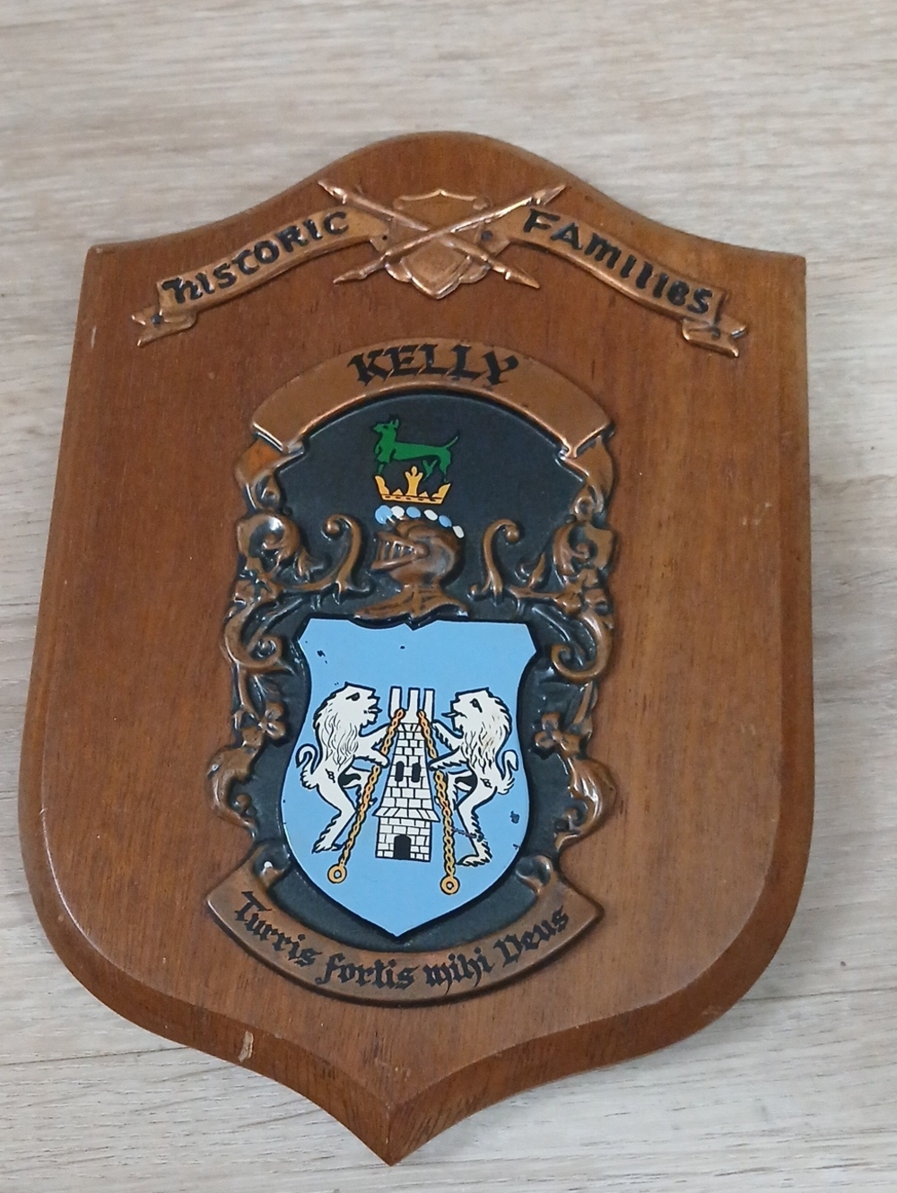 Historic IRISH Families / KELLY Wooden Shield Plaque in Brown and Blue